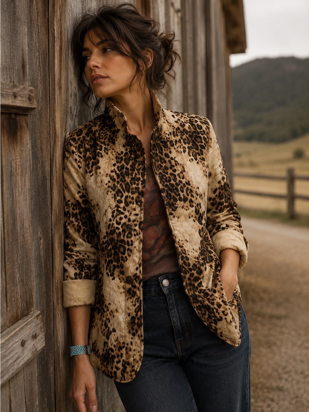 Vtg Liz Claiborne Quilted Snap Leopard Print Oversized Lined Long Blazer